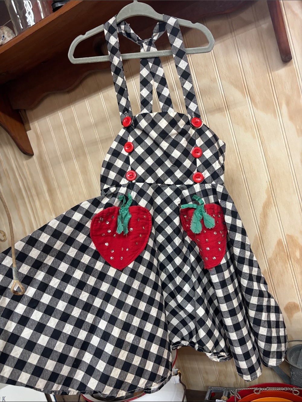 Vintage handmade Black & White Gingham Strawberry Pinafore Dress for girls